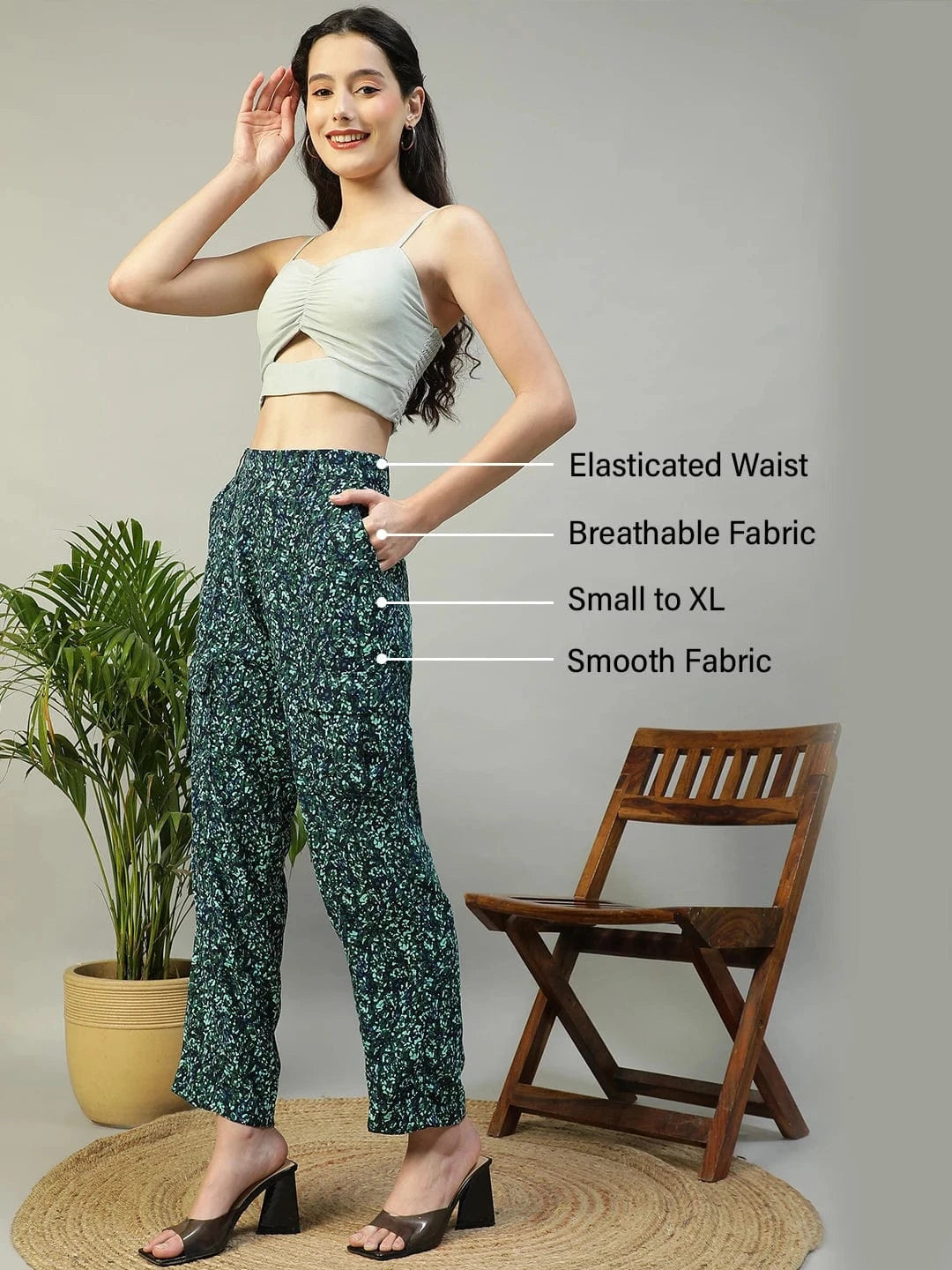 Trendy Blue Floral Print Elasticated Crargo Style Women Pant
