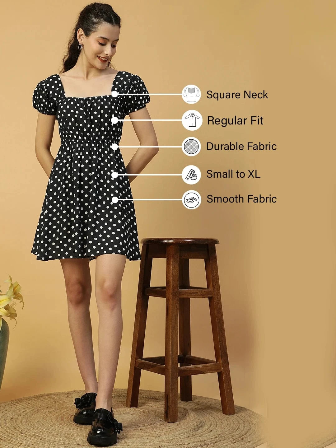 Preppy Black Polka Dot Print Short Sleeve Elasticated Women midi dress