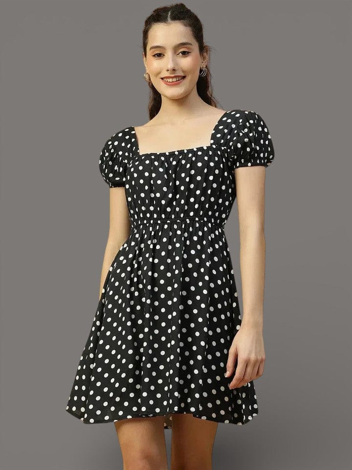 Black Polka Dot Dress - Women's Midi Fit and Flare, Short Sleeve, Elastic Waist