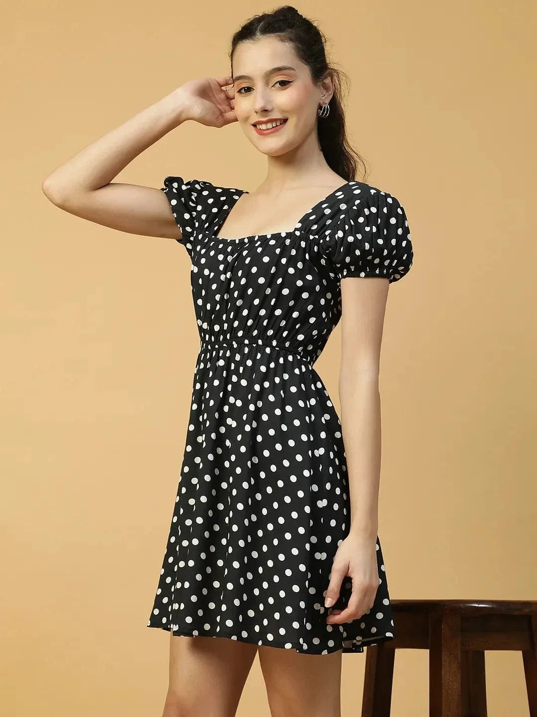 Preppy Black Polka Dot Print Short Sleeve Elasticated Women midi dress