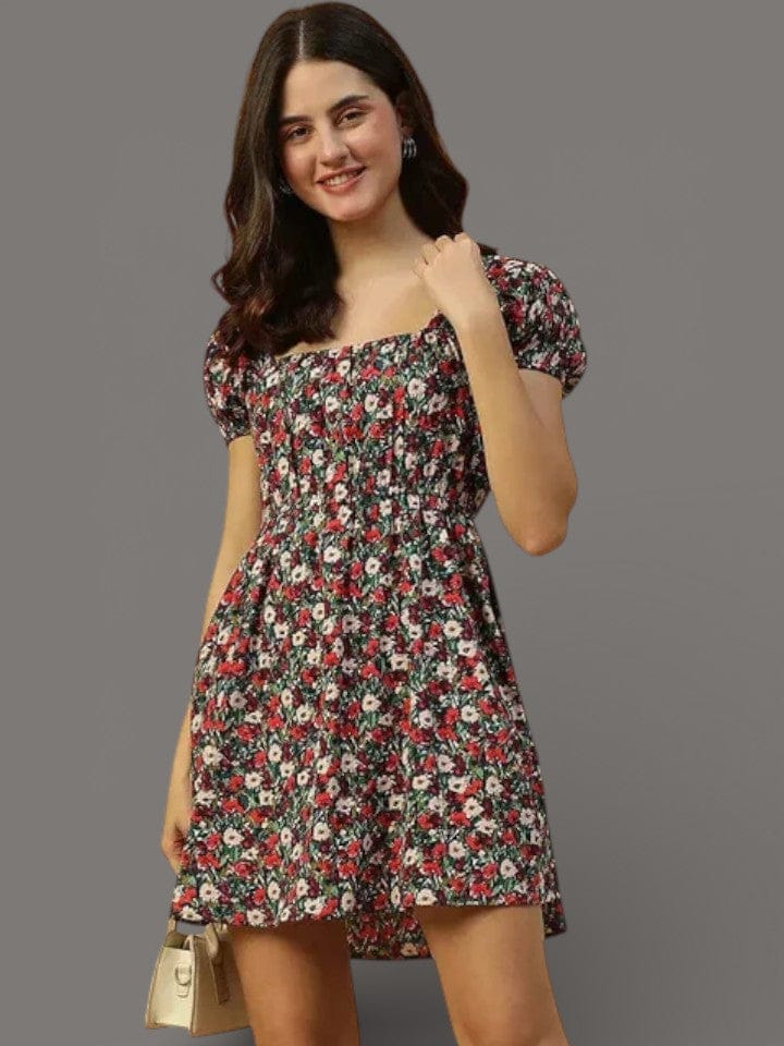 Floral Midi Dress - Women's Summer Dress With Elastic Waist & Square Neckline