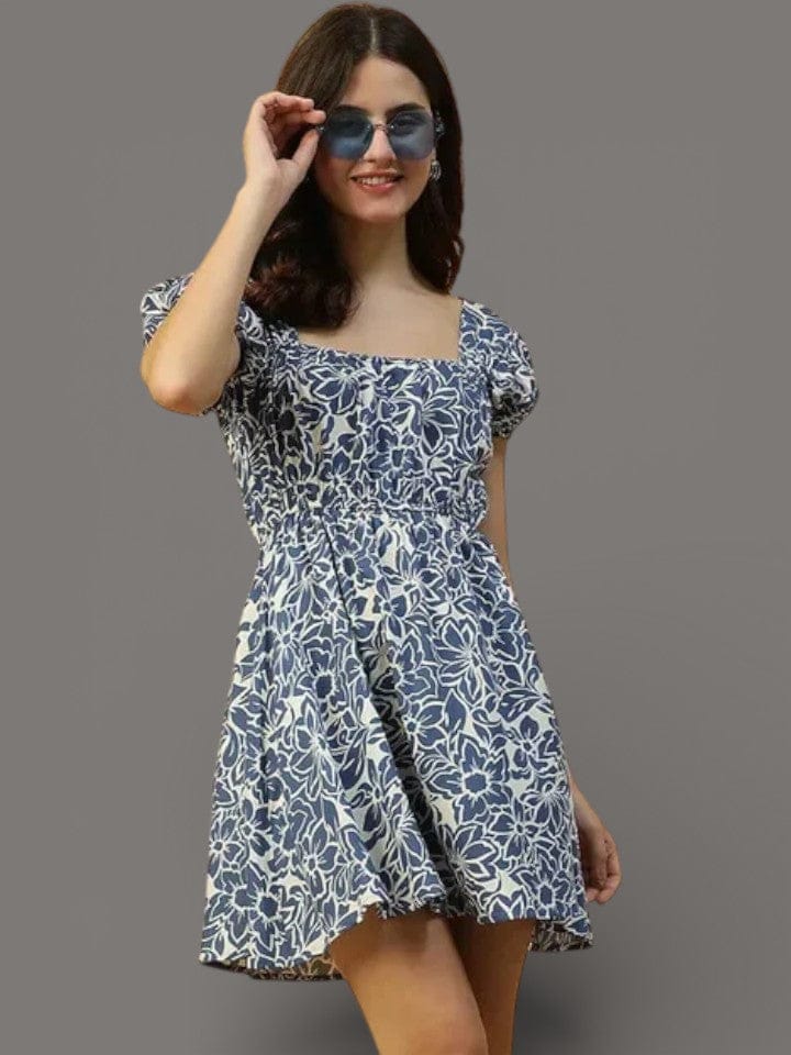 Navy Blue Midi Dress - Floral Print Short Sleeve Elastic Waist Casual Womenâ€™s Dress