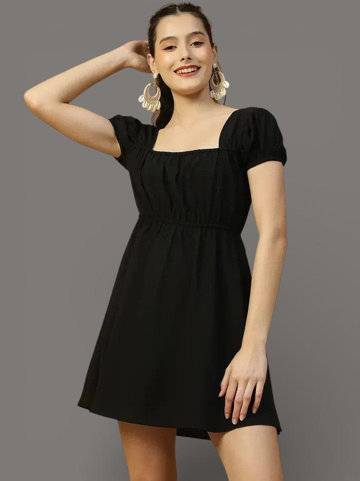 Black Midi Dress - Women's Short Sleeve Fit and Flare with Elastic Waist