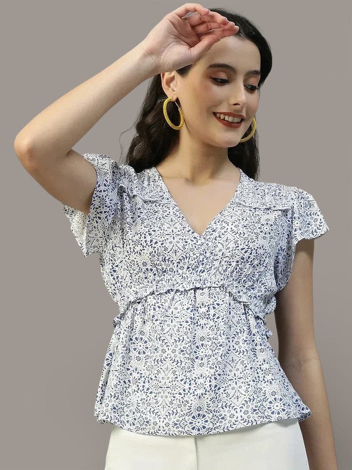 Floral Peplum Top - Ivory V-Neck Women's Summer Blouse with Frill Sleeves