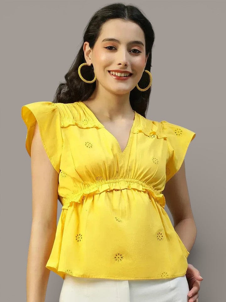 Yellow Cotton Peplum Top - Women's Summer Casual Blouse With Frill Detail