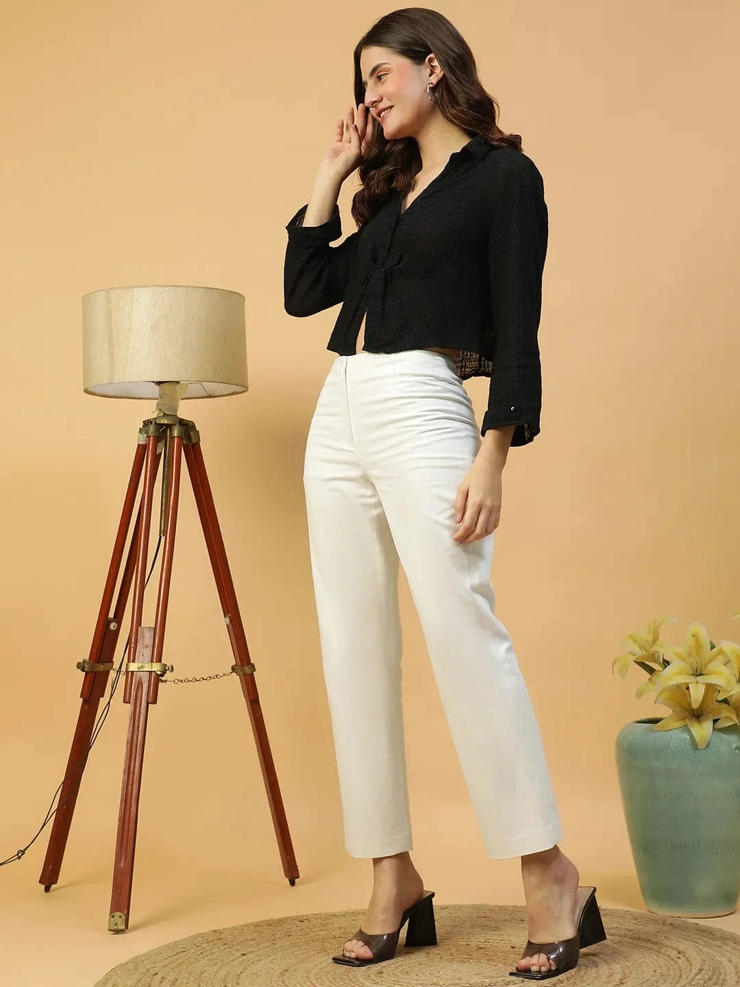 Retro Black Long Sleeve Open Collar Women Crop Cotton  Shirt