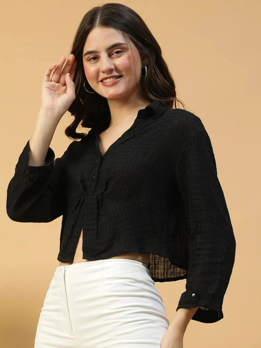 Retro Black Long Sleeve Open Collar Women Crop Cotton  Shirt