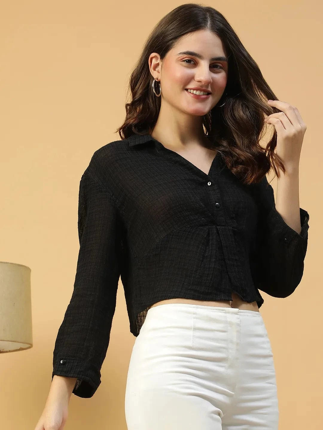 Retro Black Long Sleeve Open Collar Women Crop Cotton  Shirt