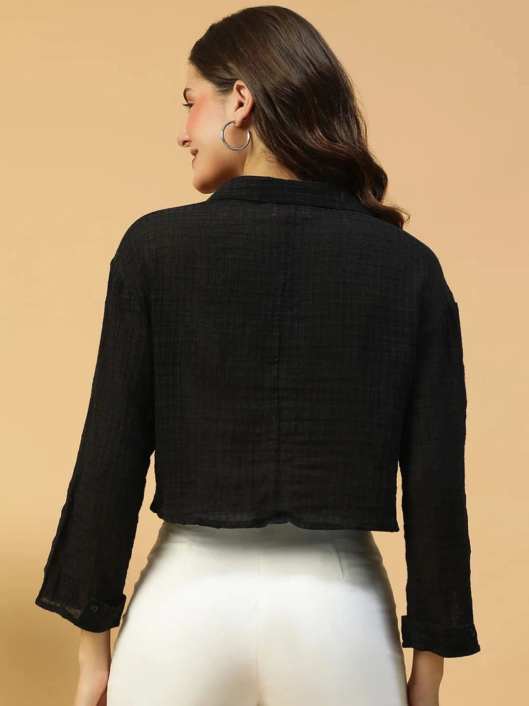 Retro Black Long Sleeve Open Collar Women Crop Cotton  Shirt