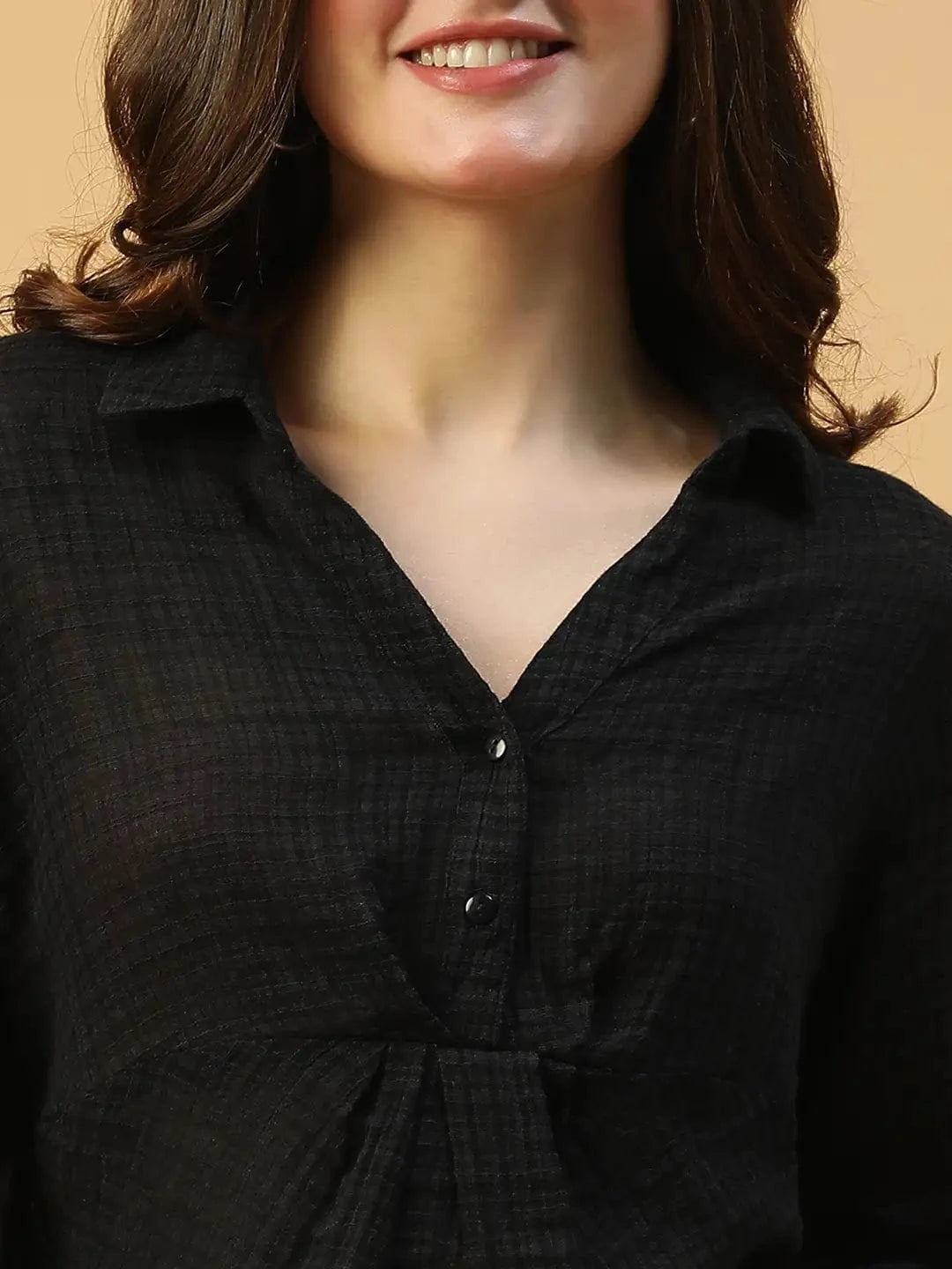 Retro Black Long Sleeve Open Collar Women Crop Cotton  Shirt