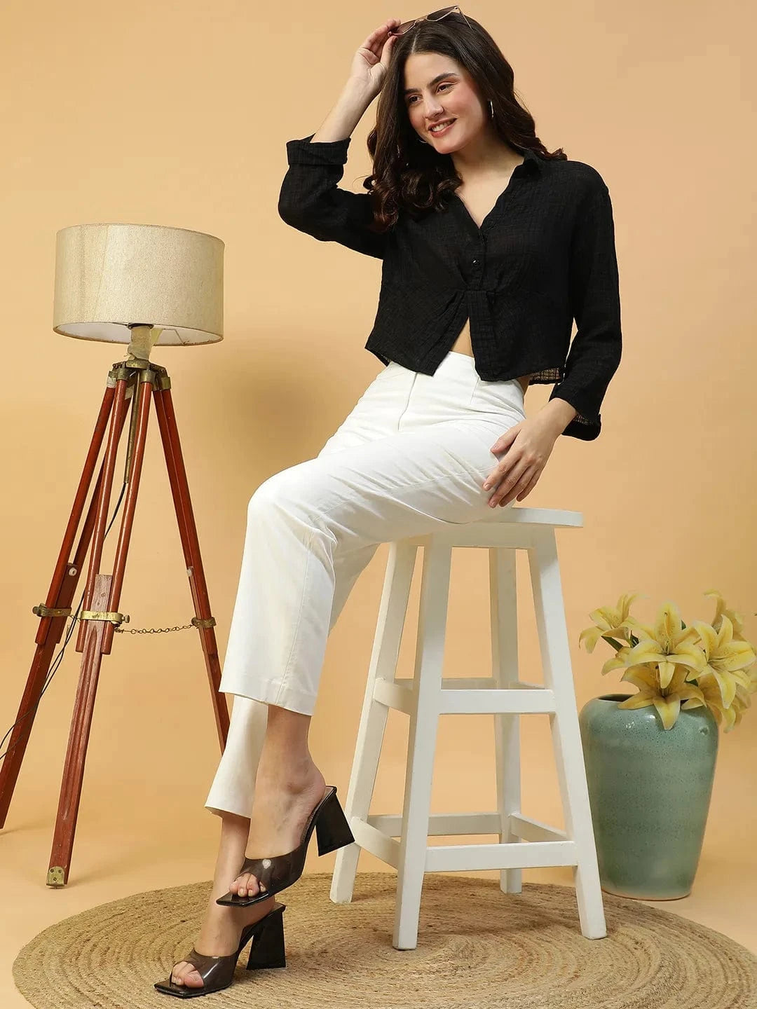 Retro Black Long Sleeve Open Collar Women Crop Cotton  Shirt