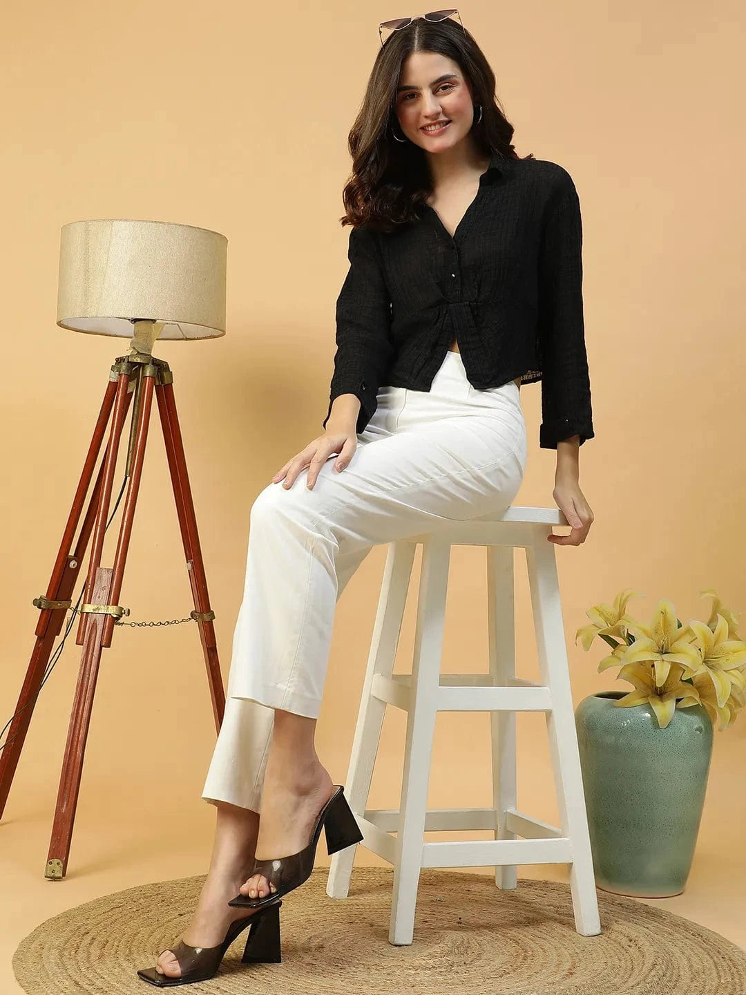 Retro Black Long Sleeve Open Collar Women Crop Cotton  Shirt