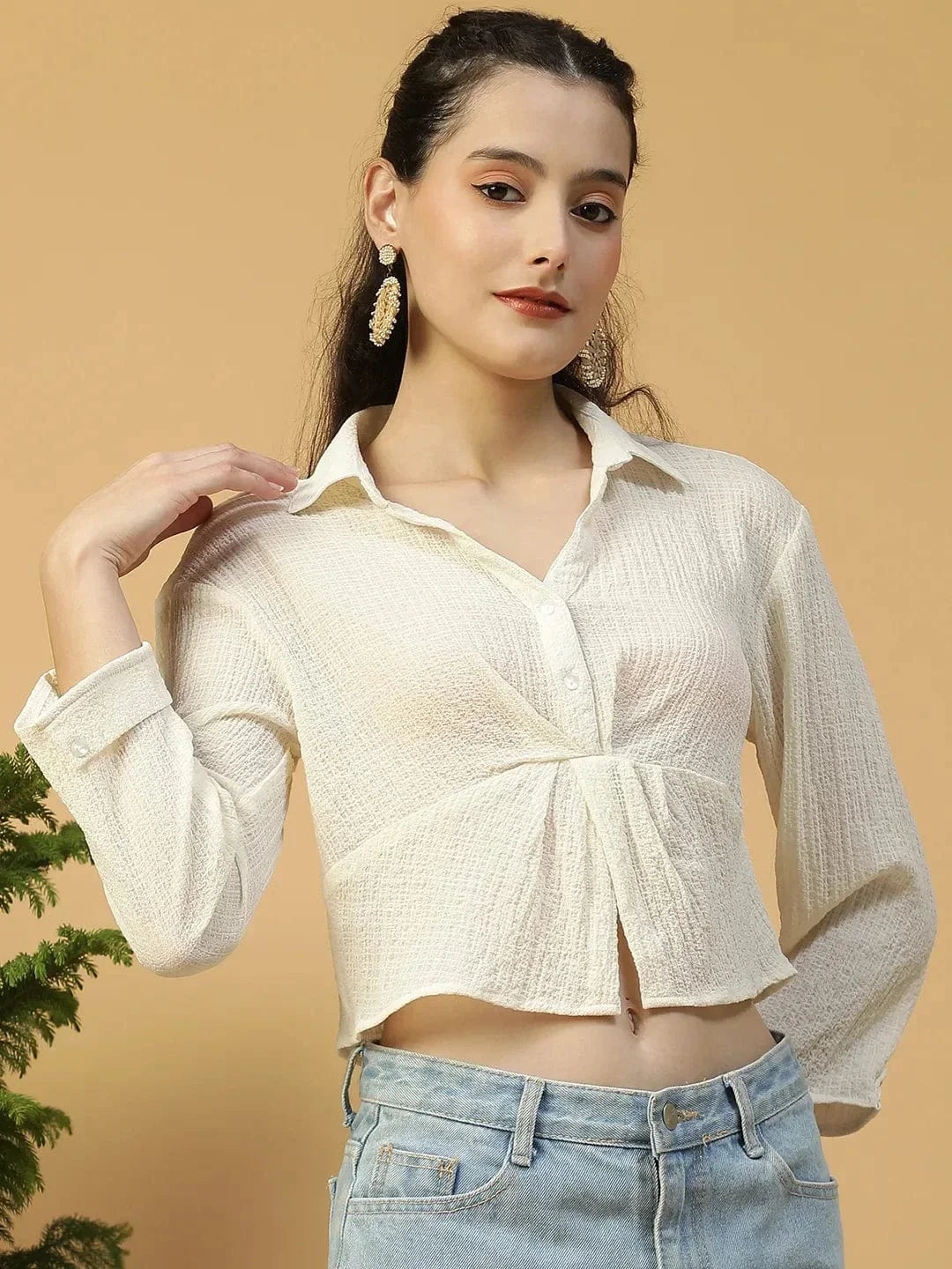 Off-White Long Sleeve Open Collar Women Crop Shirt