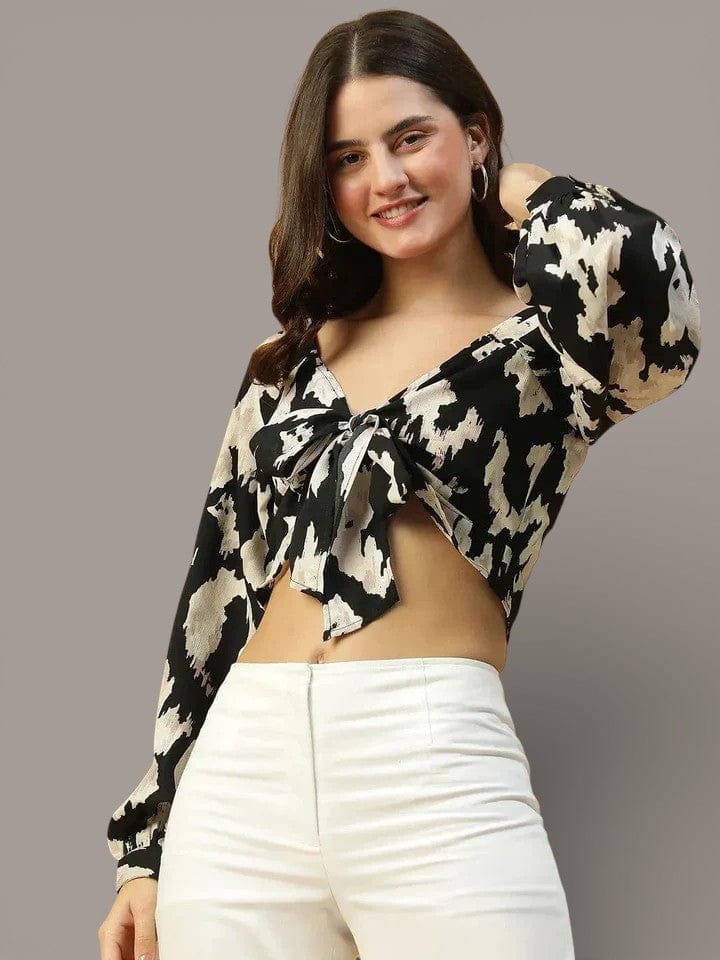 Tie Knotted Crop Top - Black Printed Long Sleeve Skinny Fit Blouse for Women