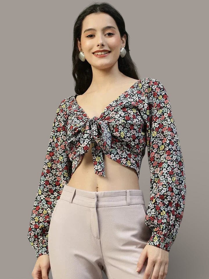 Floral Crop Top - Multicolor Tie Knot Blouse With Long Sleeve, V-Neck Skinny Fit