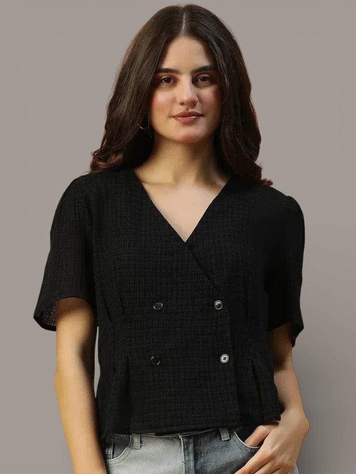 Black Cotton Women Top - Summer Button Detail Short Sleeve Blouse With V Neck
