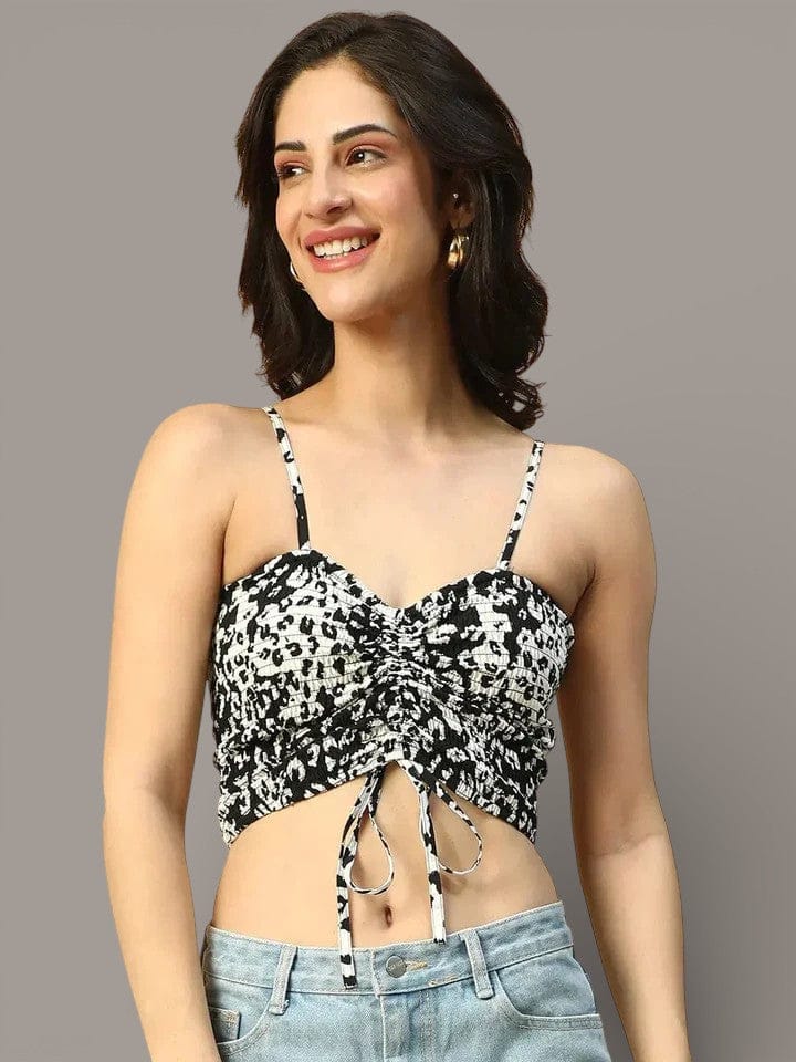 Animal Print Crop Top - Black Sleeveless Smocking Detail Blouse With Adjustable Straps