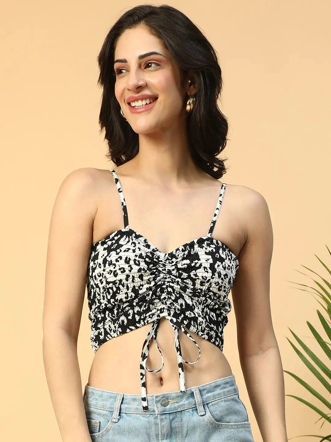 Crazy Black Animal Print Smocking Deatiled Sleeveless Women Crop Top