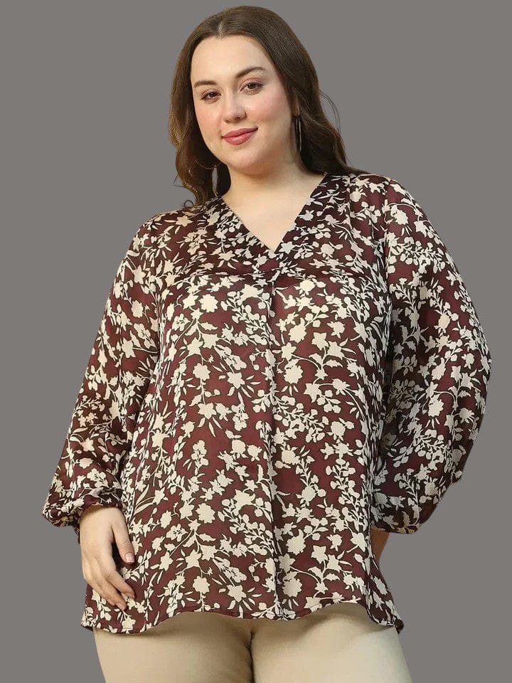 Plus Size Satin Top - Wine Floral Print V-Neck Long Sleeve Blouse for Women