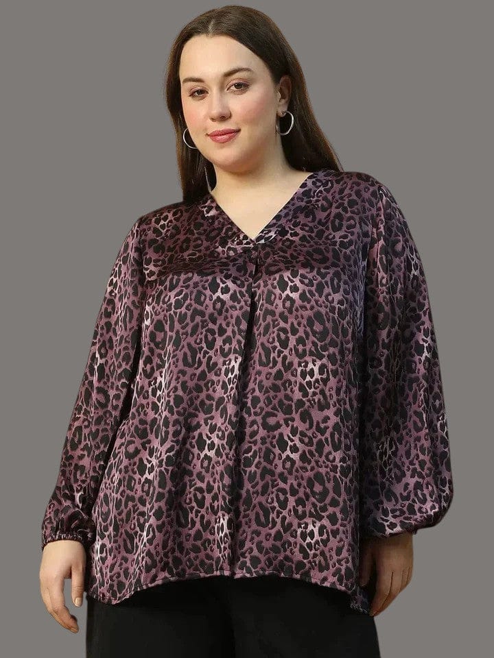 Plus Size Satin Top - Wine Animal Print V-Neck Long Sleeve Blouse by Oxolloxo