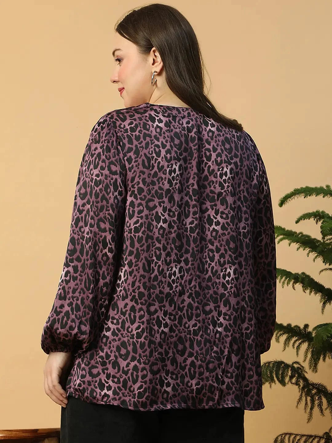 Wine Animal Print V- Neck Long Sleeve Plus Size Women Satin Top