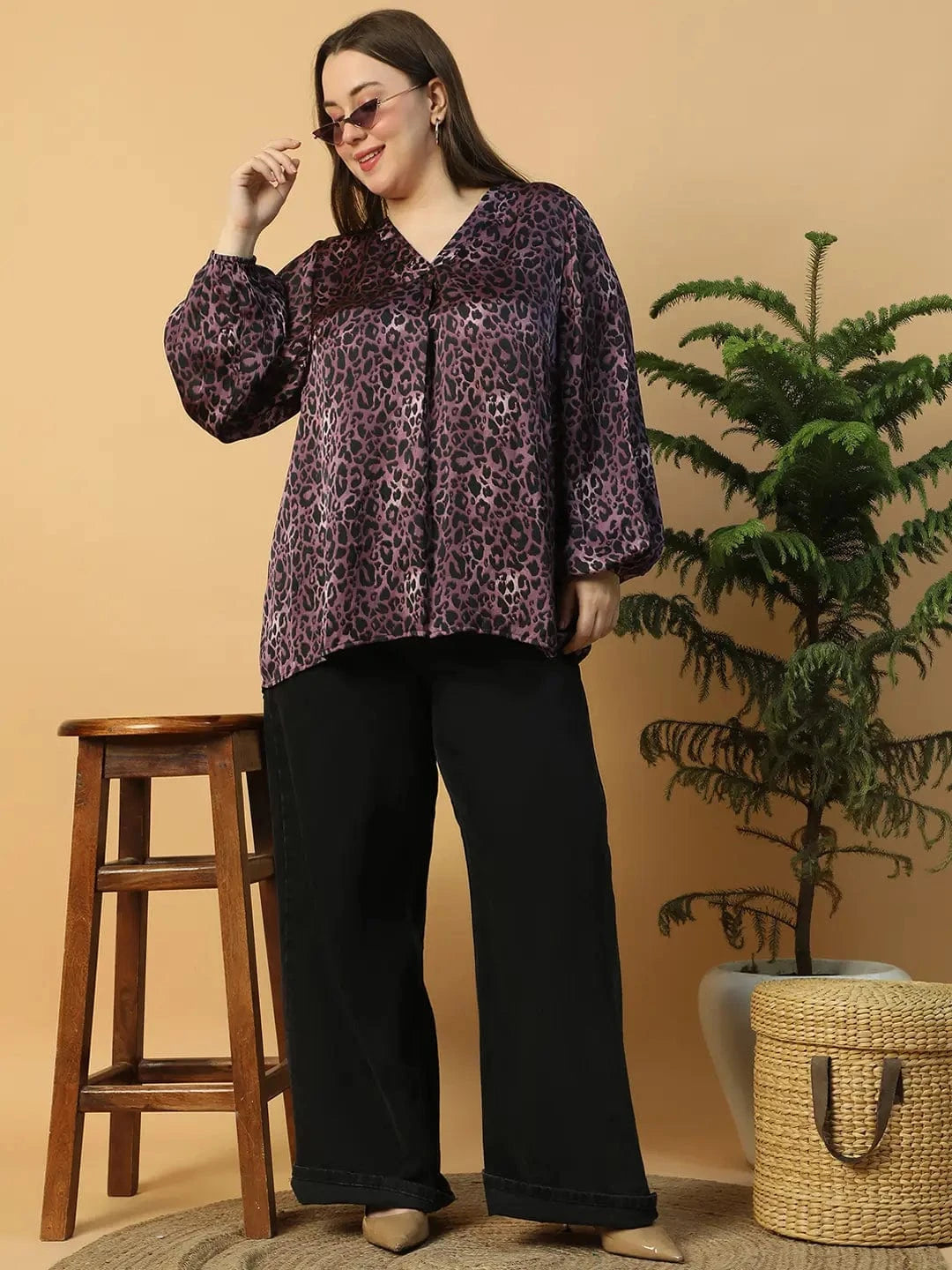 Wine Animal Print V- Neck Long Sleeve Plus Size Women Satin Top