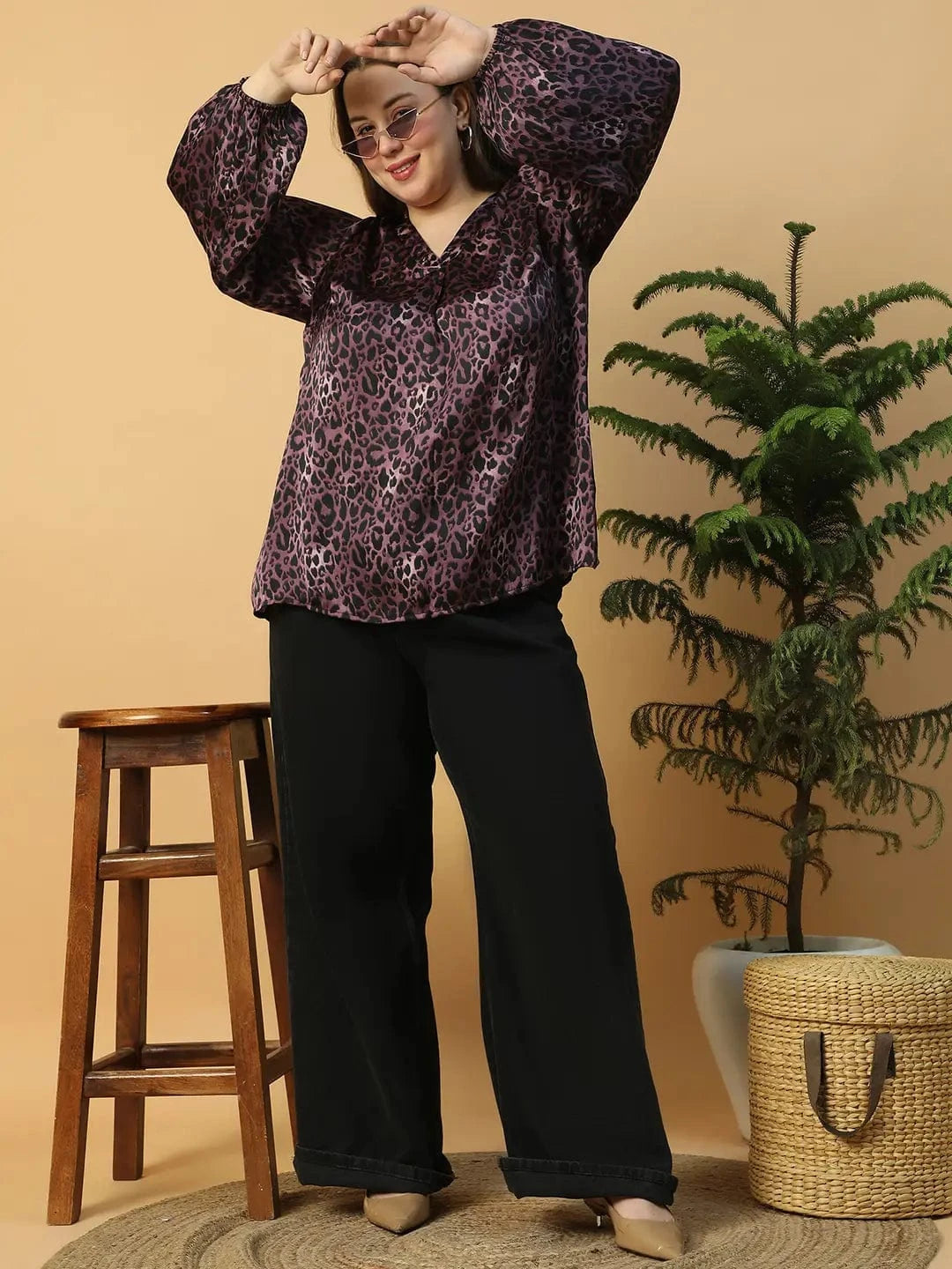Wine Animal Print V- Neck Long Sleeve Plus Size Women Satin Top