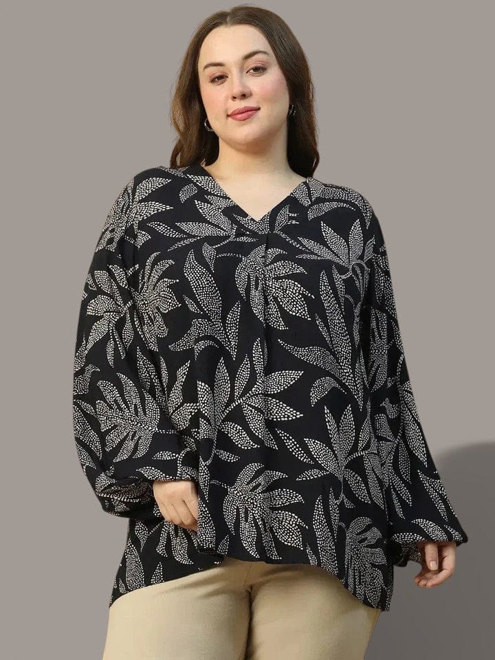 Plus Size Black Floral Print Top