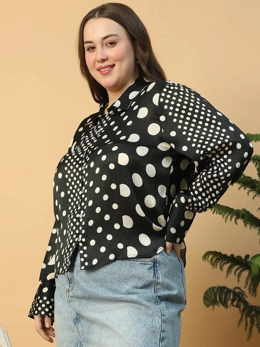 Glided Black Polka Dot Print Button Down Collared Long Sleeve Plus