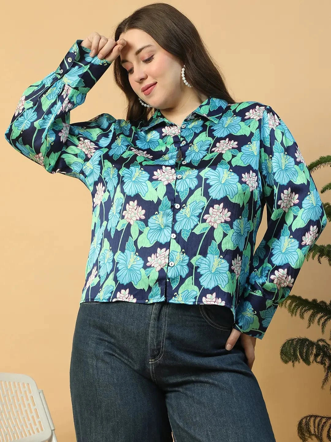 Multicolor Floral Print Button Down Collared Long Sleeve  Plus Size Women Satin Shirt