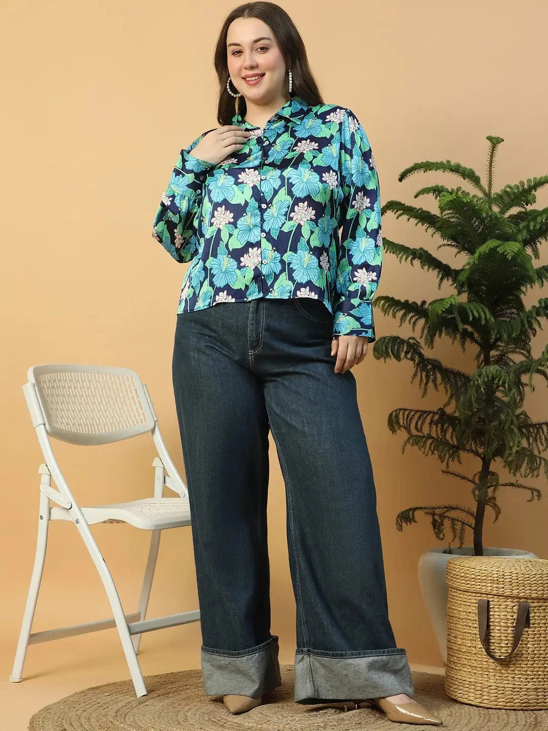 Multicolor Floral Print Button Down Collared Long Sleeve  Plus Size Women Satin Shirt