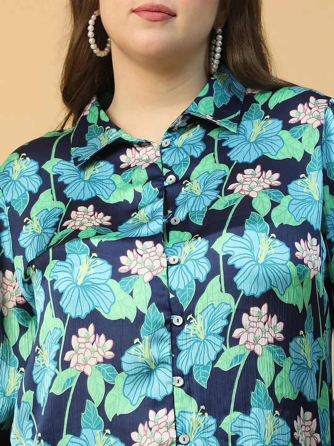 Multicolor Floral Print Button Down Collared Long Sleeve  Plus Size Women Satin Shirt