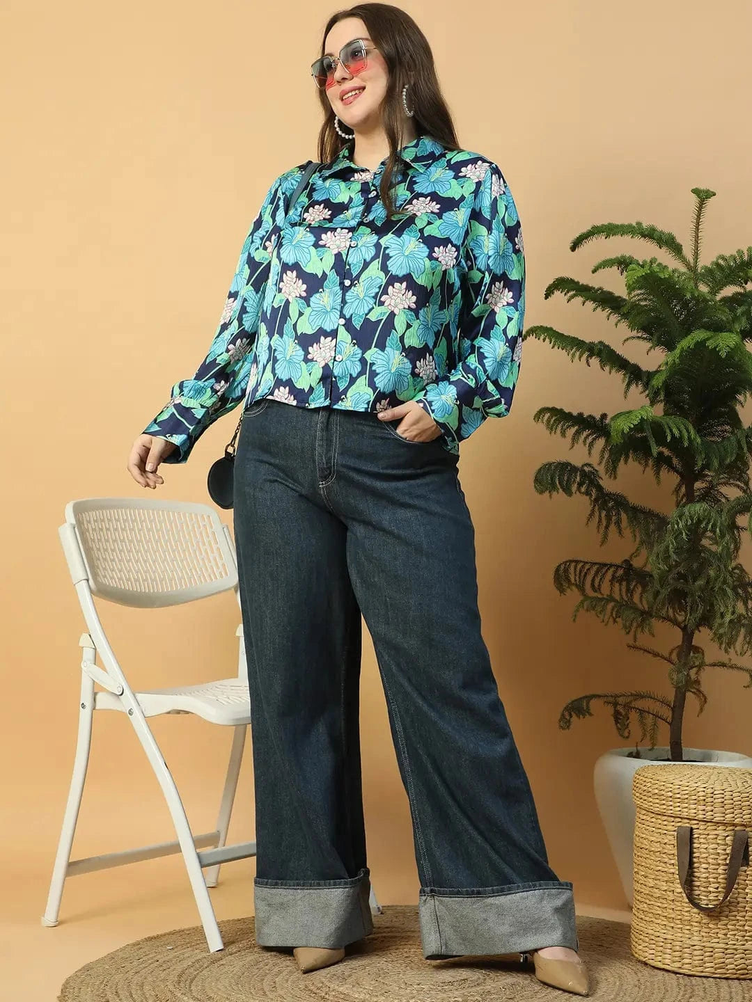 Multicolor Floral Print Button Down Collared Long Sleeve  Plus Size Women Satin Shirt
