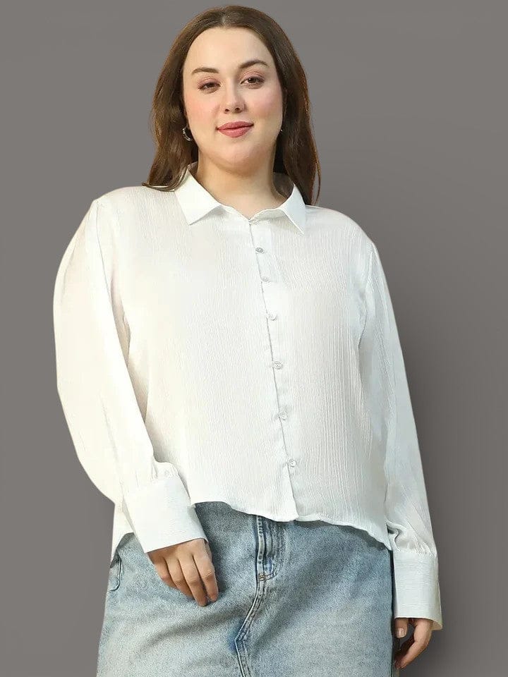 Finesse Solid White Button Down Collared Long Sleeve  Plus Size Women Satin Shirt