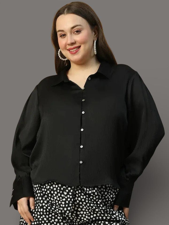 Vivid  Solid Black  Button Down Collared Long Sleeve  Plus Size Women Satin Shirt