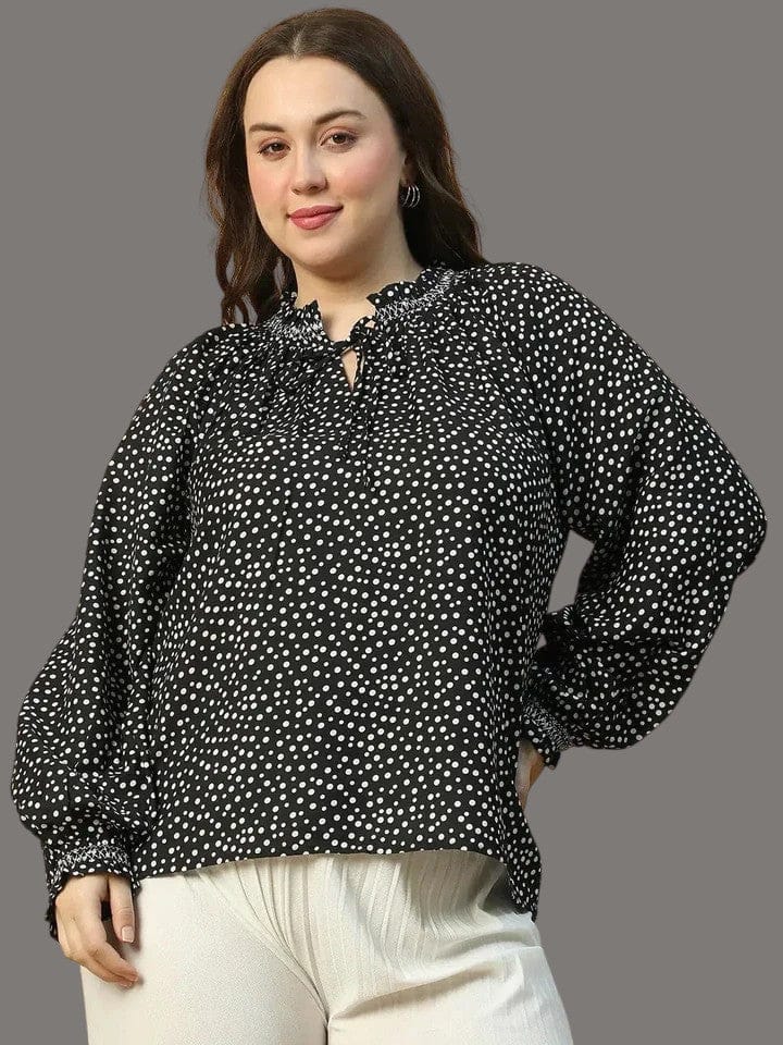 Plus Size Women Top - Black Printed Long Sleeve Smocking Detail Blouse