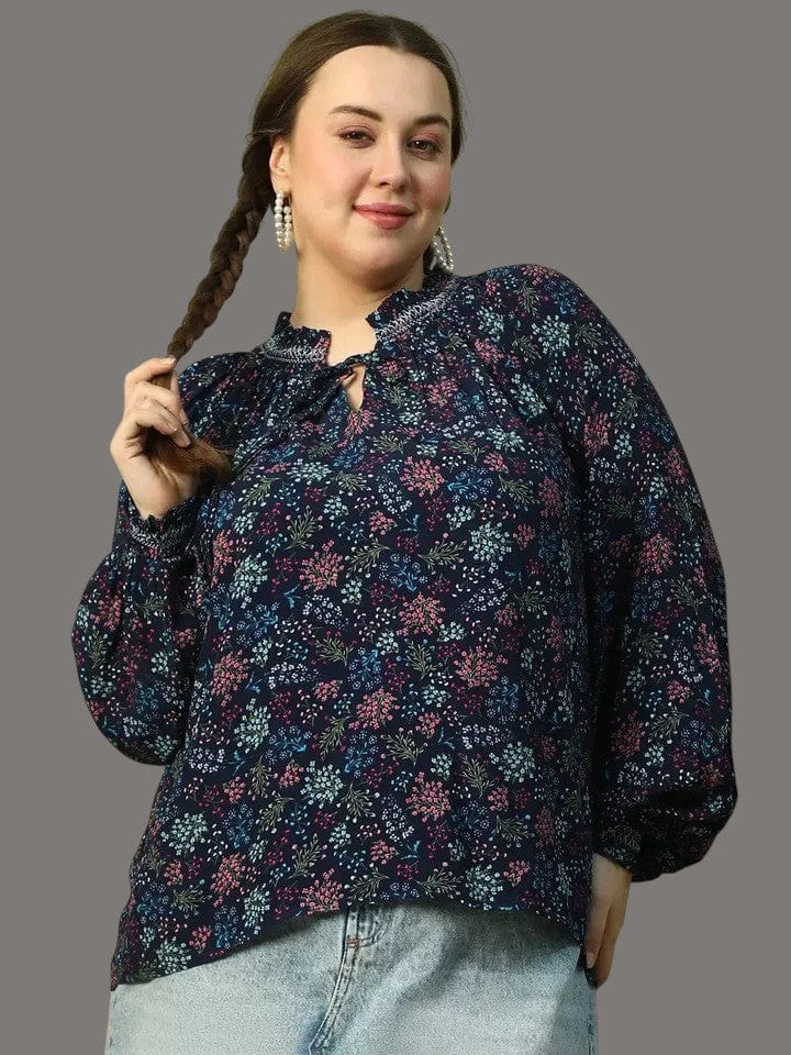 Plus Size Women Top - Navy Blue Floral Print Smocking Detail Blouse