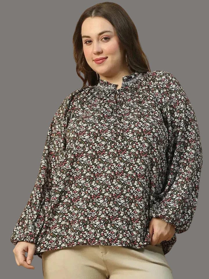Plus Size Floral Top - Multicolor Long Sleeve Blouse With Smocked Neckline Detail