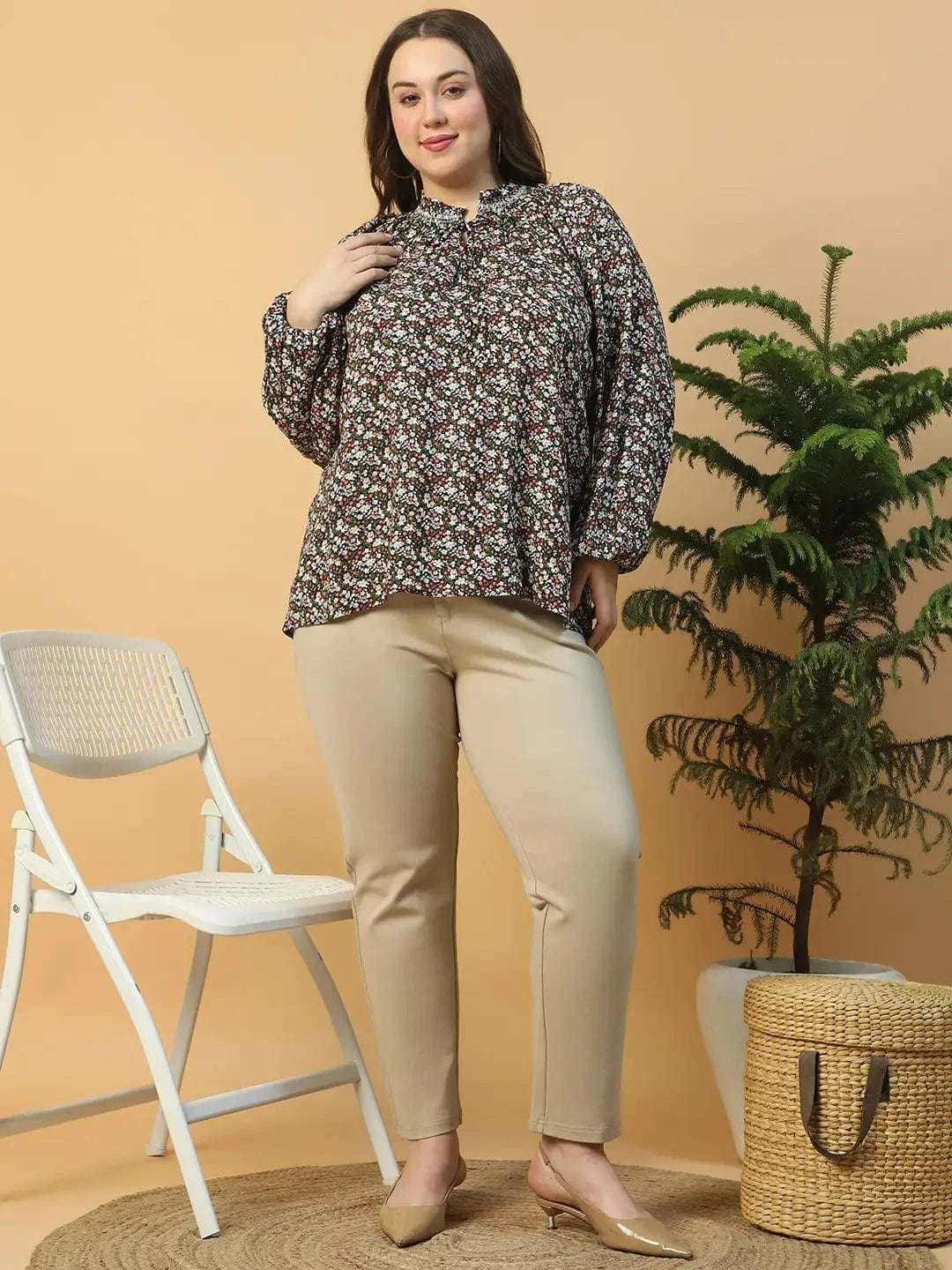 Multicolor Floral Print Long Sleeve Smocking Detail Plus Size Women Top