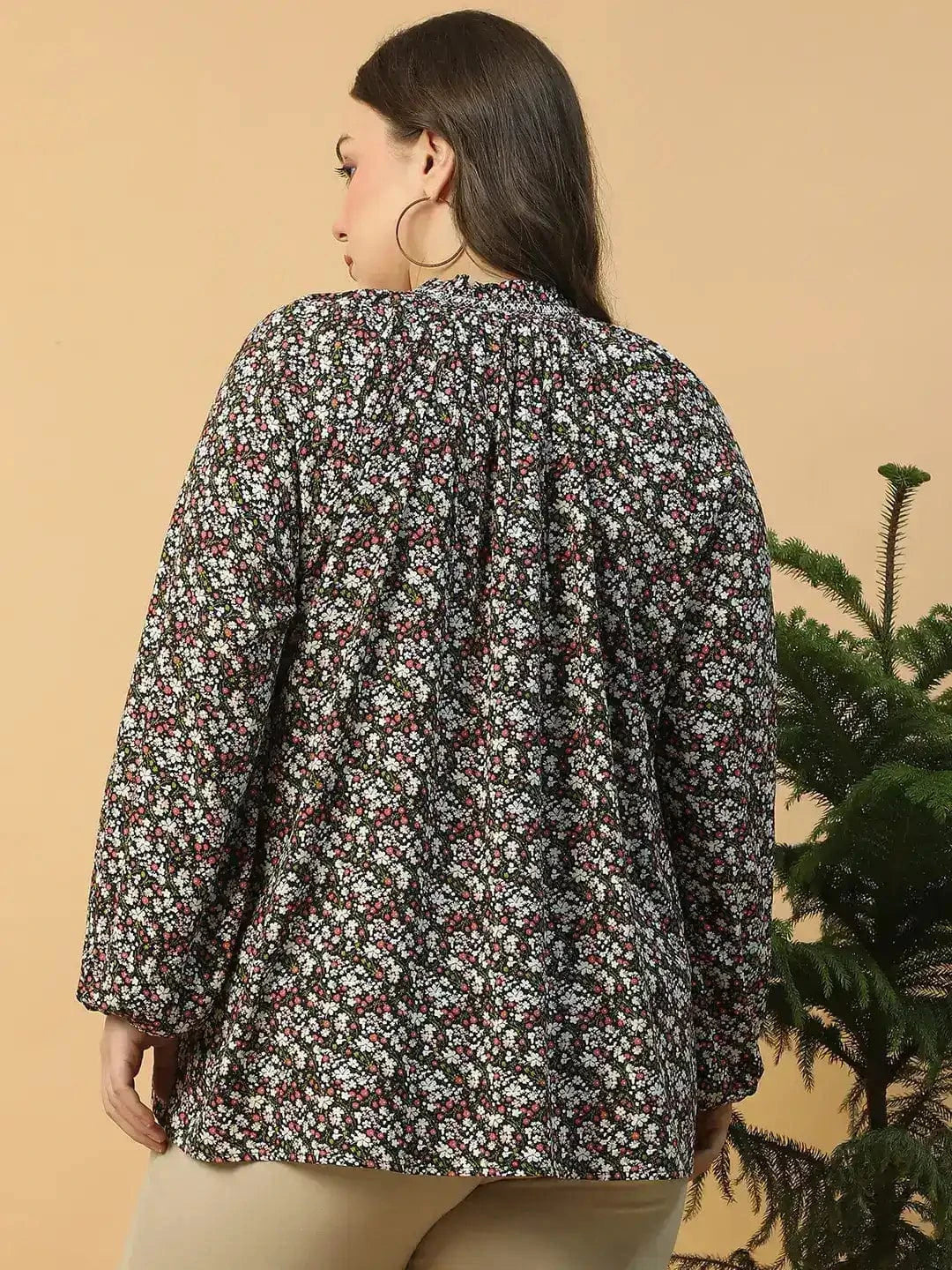 Multicolor Floral Print Long Sleeve Smocking Detail Plus Size Women Top