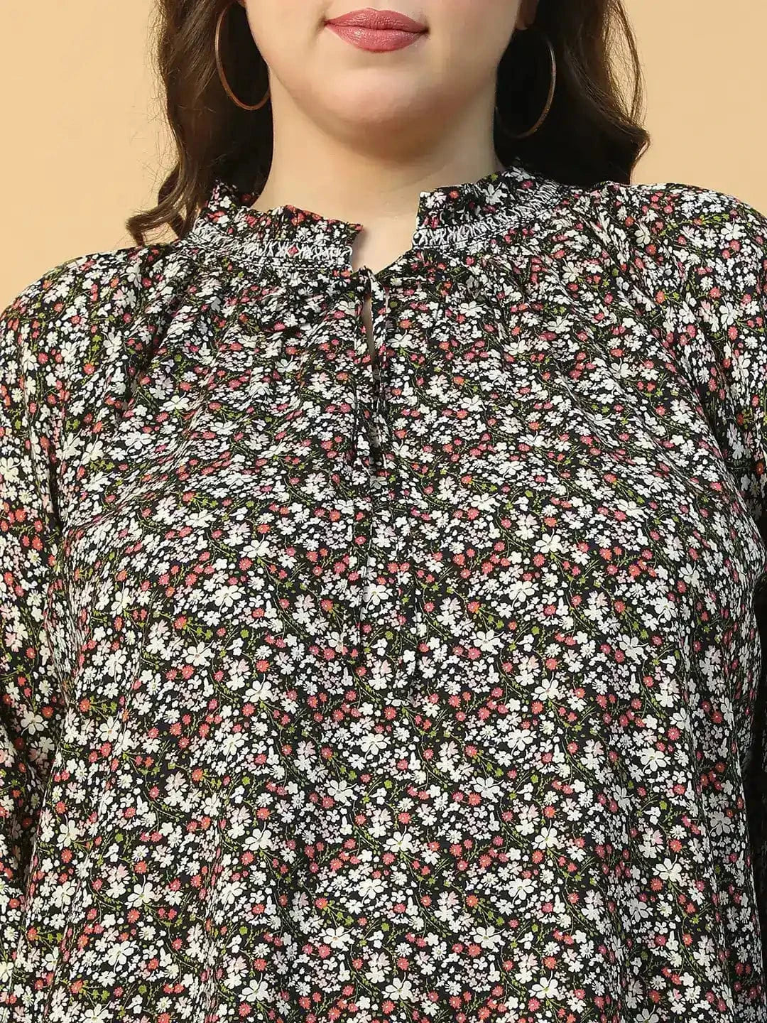 Multicolor Floral Print Long Sleeve Smocking Detail Plus Size Women Top
