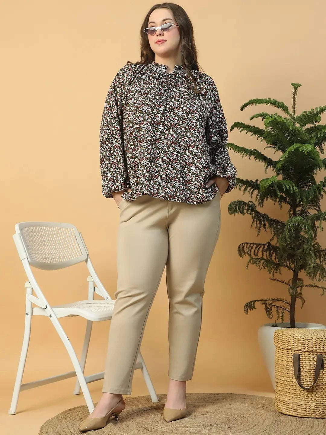 Multicolor Floral Print Long Sleeve Smocking Detail Plus Size Women Top
