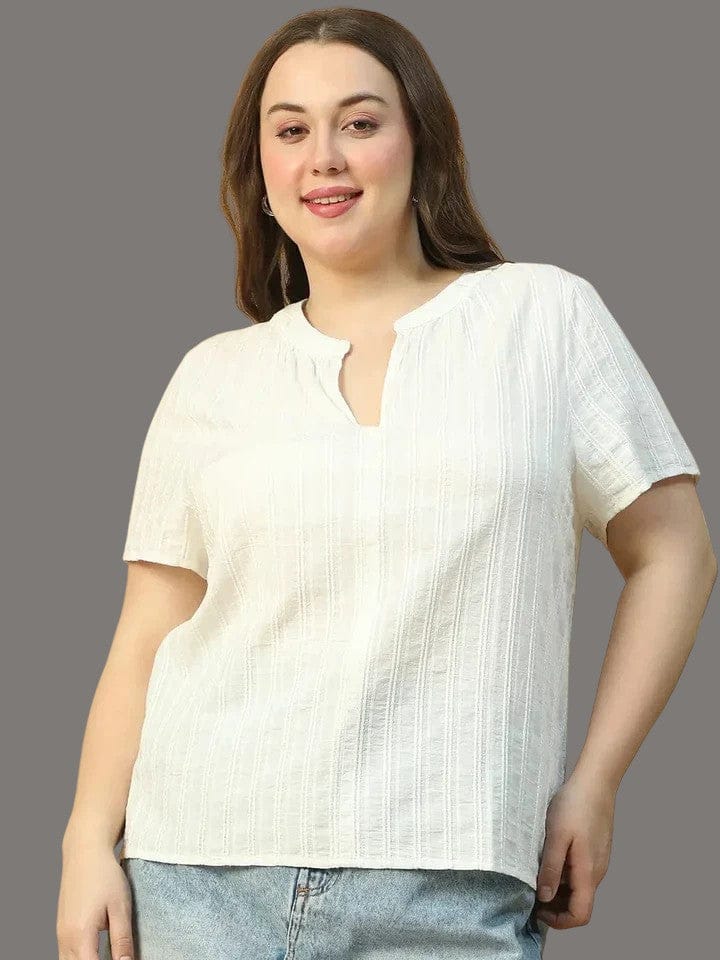Plus Size Cotton Top - White V-Neck Short Sleeve Casual Blouse for Women