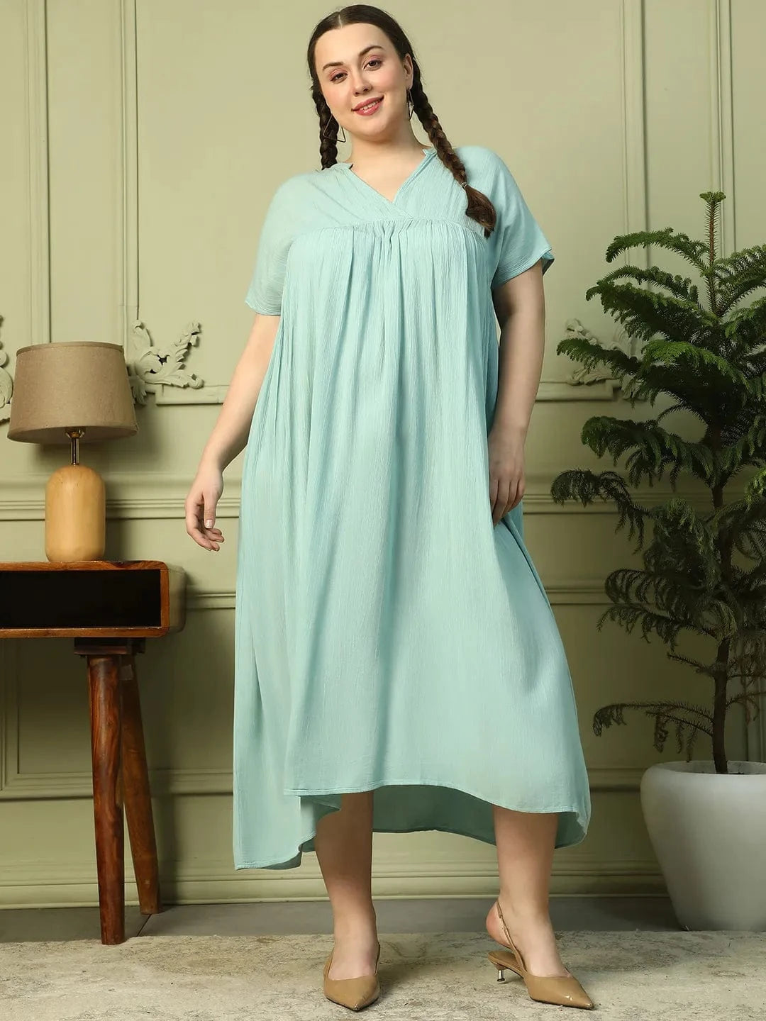 Light Green Short Sleeve Rayon Crepe Long Maxi Plus Size Women Dress