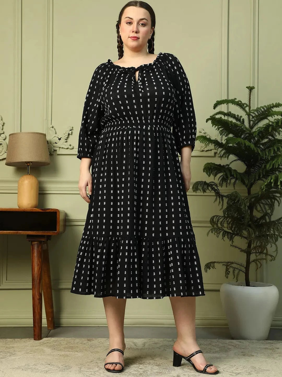 Black Polka Dot Tie-Up Detail Long Sleeve Long Dobby Meld Plus Size Womne Cotton Dress