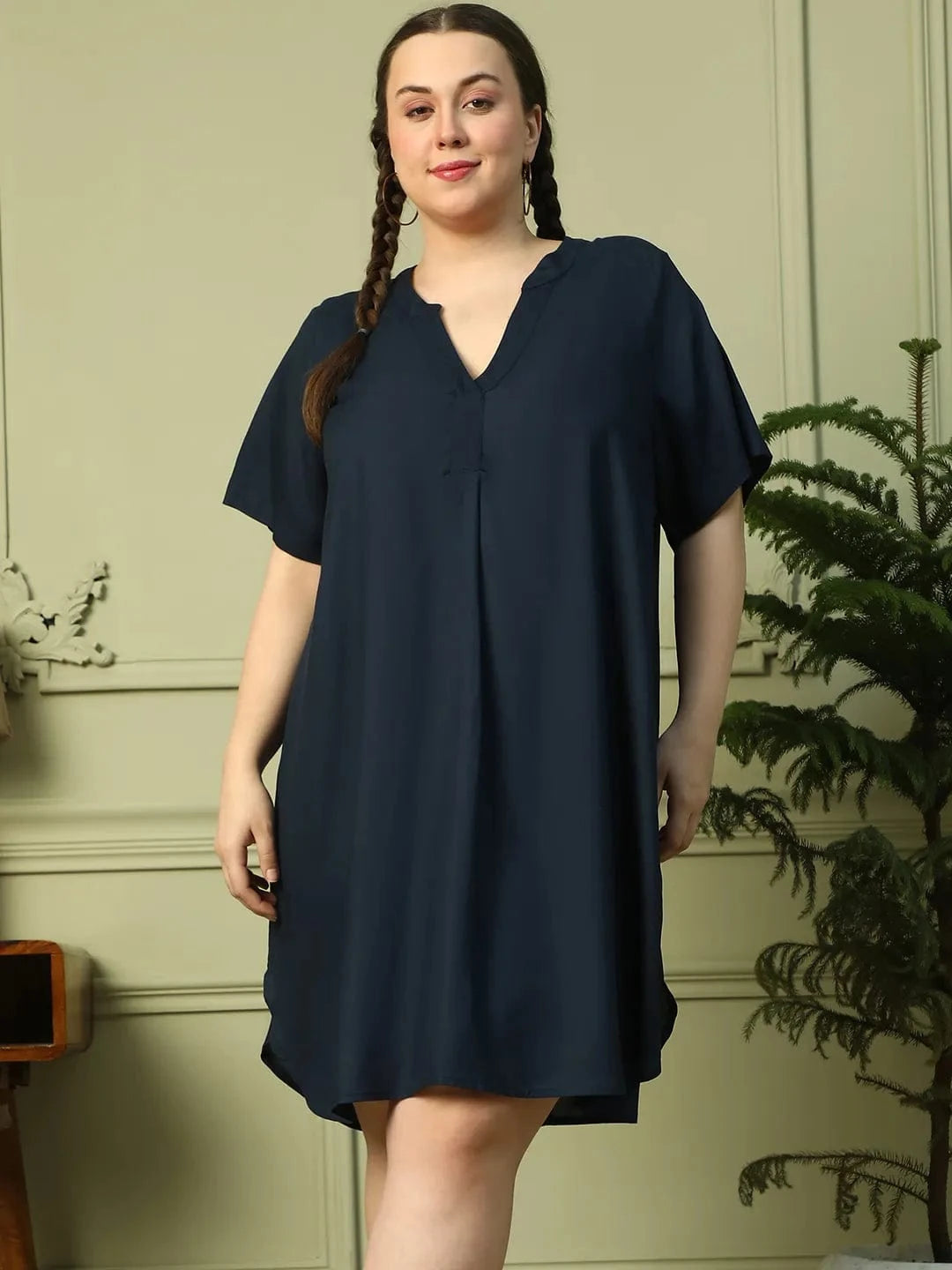 Dark Navy Blue Short Sleeve plus Size Women Dress