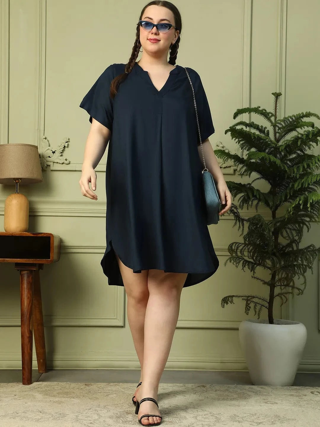 Dark Navy Blue Short Sleeve plus Size Women Dress