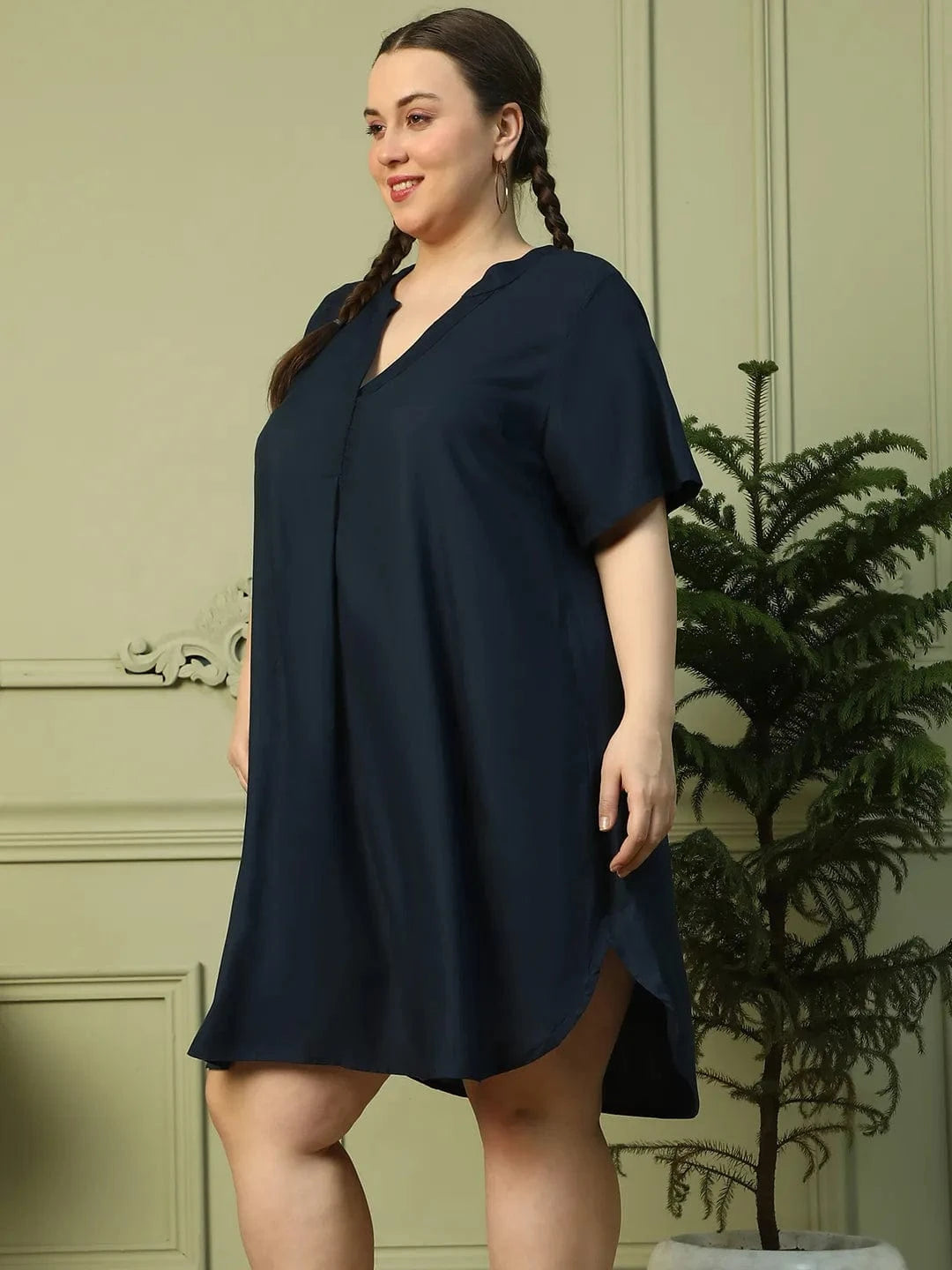 Dark Navy Blue Short Sleeve plus Size Women Dress