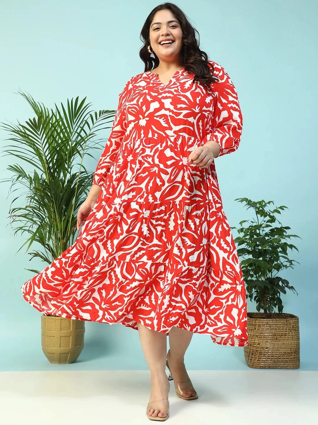 Red Floral Print V-Neck Long Sleeve Flare Maxi Plus Size Women Dress