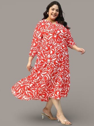Red Floral Print V-Neck Long Sleeve Flare Maxi Plus Size Women Dress